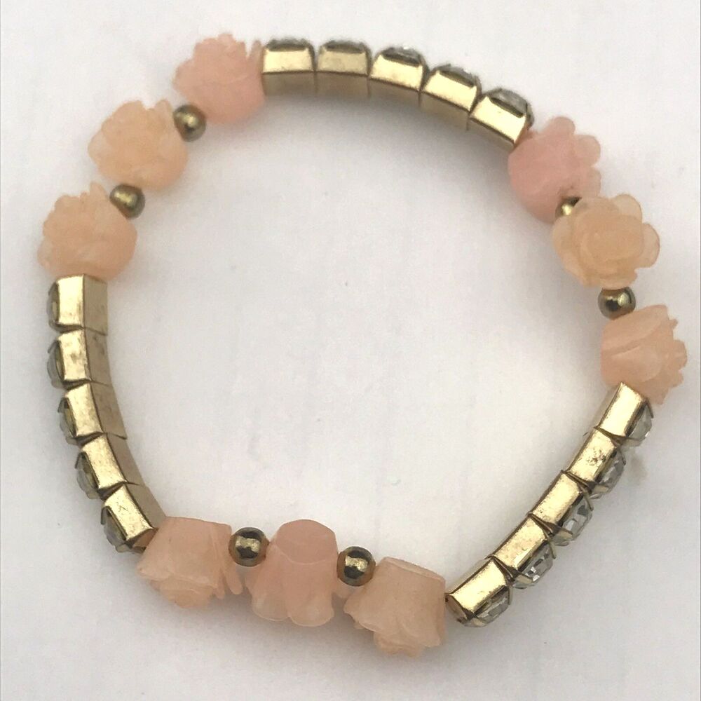 Pink Rose Bracelet Gold Tone Jeweled Fashion Costume Jewelry Rhinestone Stretchy